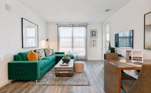 Apartments In Redwood City, CA - Living Room with Green Sectional, Coffee Table, Area Rug, Large Window, Wood-Style Flooring, And TV.